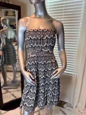 YA Los Angeles Strapless Lace Print Mini Dress Medium Cotton Blend Smocked Zip